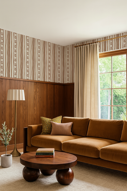 Daisy Chain Stripe Wallpaper, beige and brown - Tampa Home & Garden Store