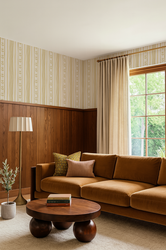 Daisy Chain Stripe Wallpaper, beige and butter yellow - Tampa Home & Garden Store