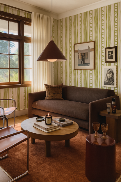 Daisy Chain Stripe Wallpaper, beige and chartreuse green - Tampa Home & Garden Store