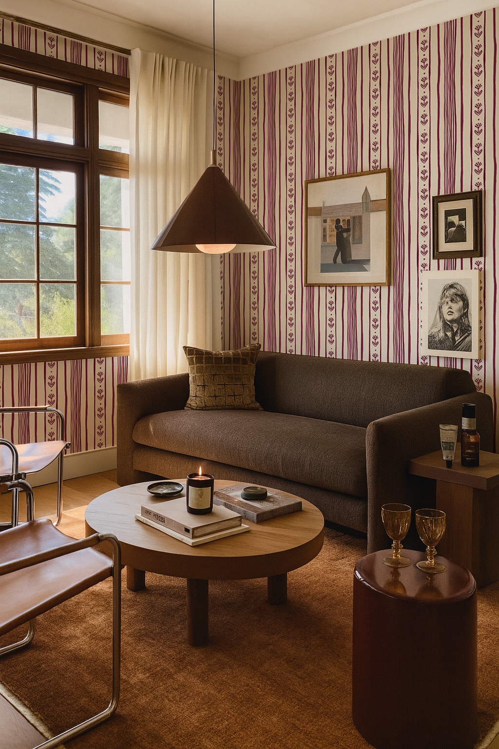 Daisy Chain Stripe Wallpaper, beige and eggplant purple - Tampa Home & Garden Store