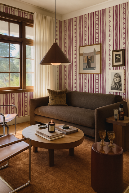 Daisy Chain Stripe Wallpaper, beige and eggplant purple - Tampa Home & Garden Store