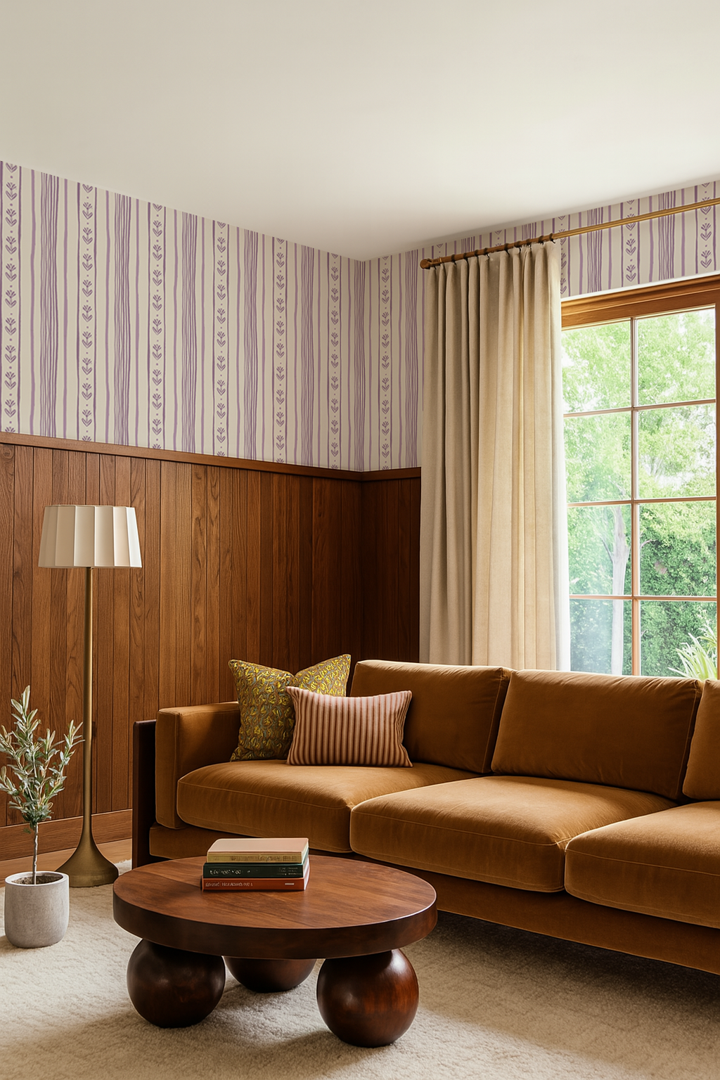 Daisy Chain Stripe Wallpaper, beige and lavender - Tampa Home & Garden Store