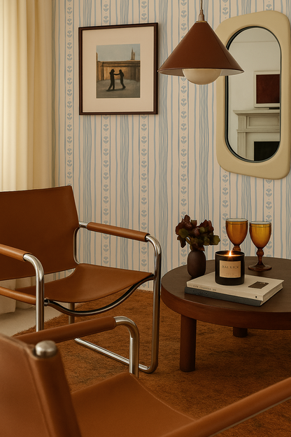 Daisy Chain Stripe Wallpaper, beige and light blue - Tampa Home & Garden Store