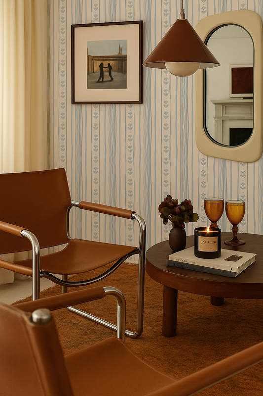 Daisy Chain Stripe Wallpaper, beige and light blue - Tampa Home & Garden Store