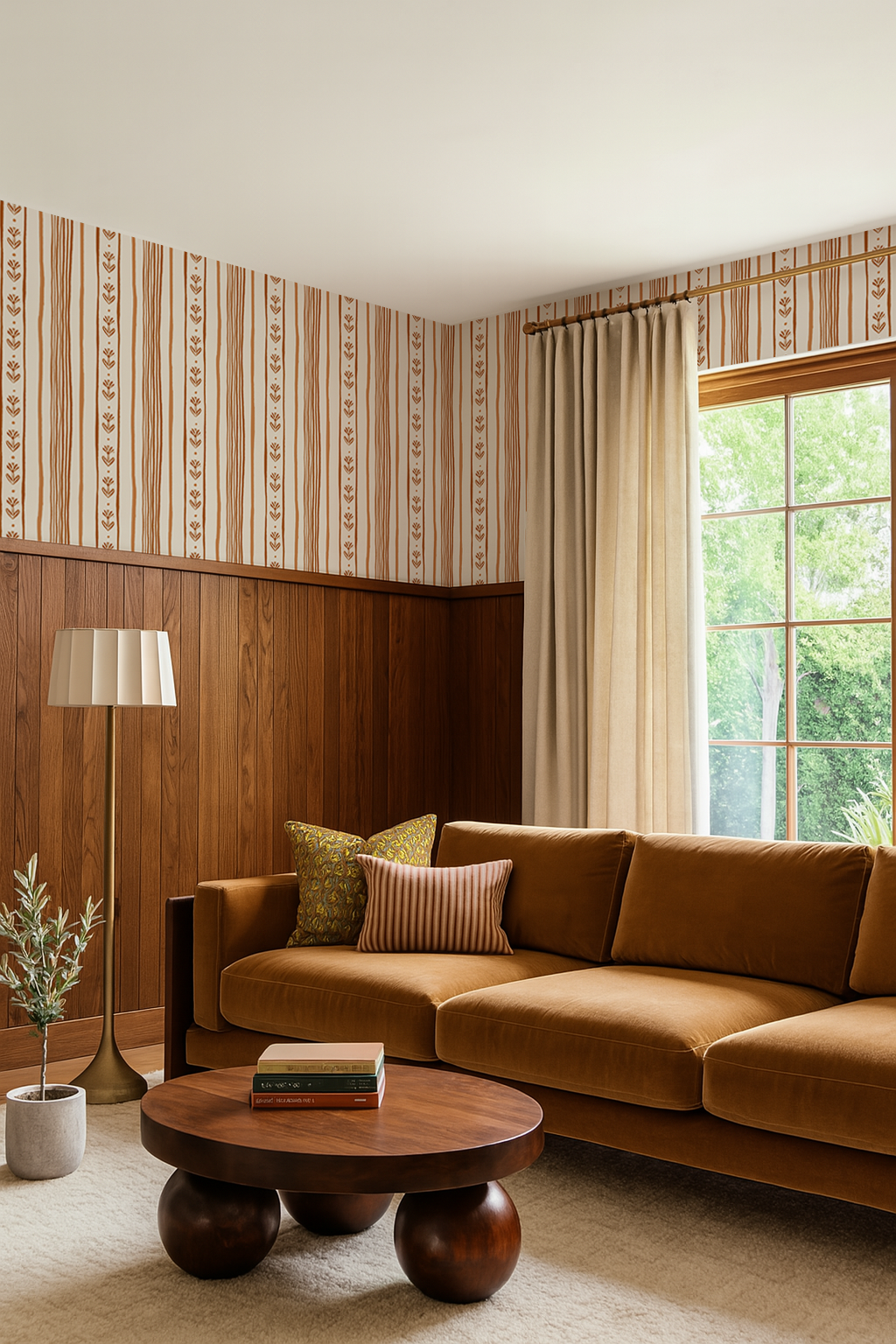 Daisy Chain Stripe Wallpaper, beige and terra cotta - Tampa Home & Garden Store