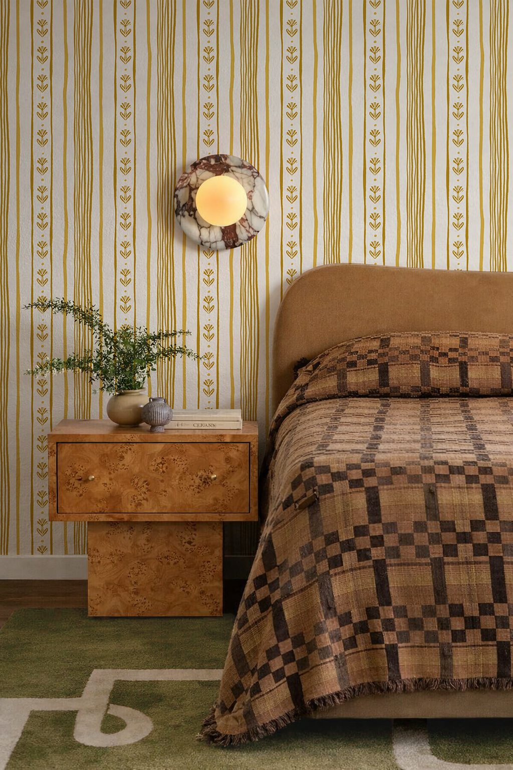 Daisy Chain Stripe Wallpaper, beige and yellow - Tampa Home & Garden Store