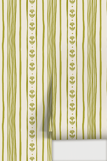 Daisy Chain Stripe Wallpaper, beige and chartreuse green