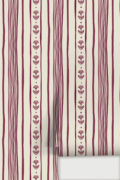 Daisy Chain Stripe Wallpaper, beige and eggplant purple