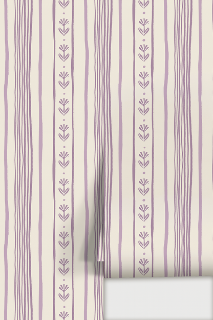 Papier peint à rayures en chaînette, beige et lavande