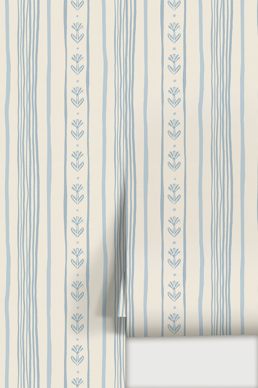 Daisy Chain Stripe Wallpaper, beige and light blue - Tampa Home & Garden Store