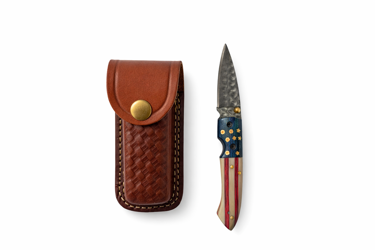 Titan Patriot Damascus Folding Knife TF-078 with US flag handle in brown leather sheath on Tampa Home & Garden Store