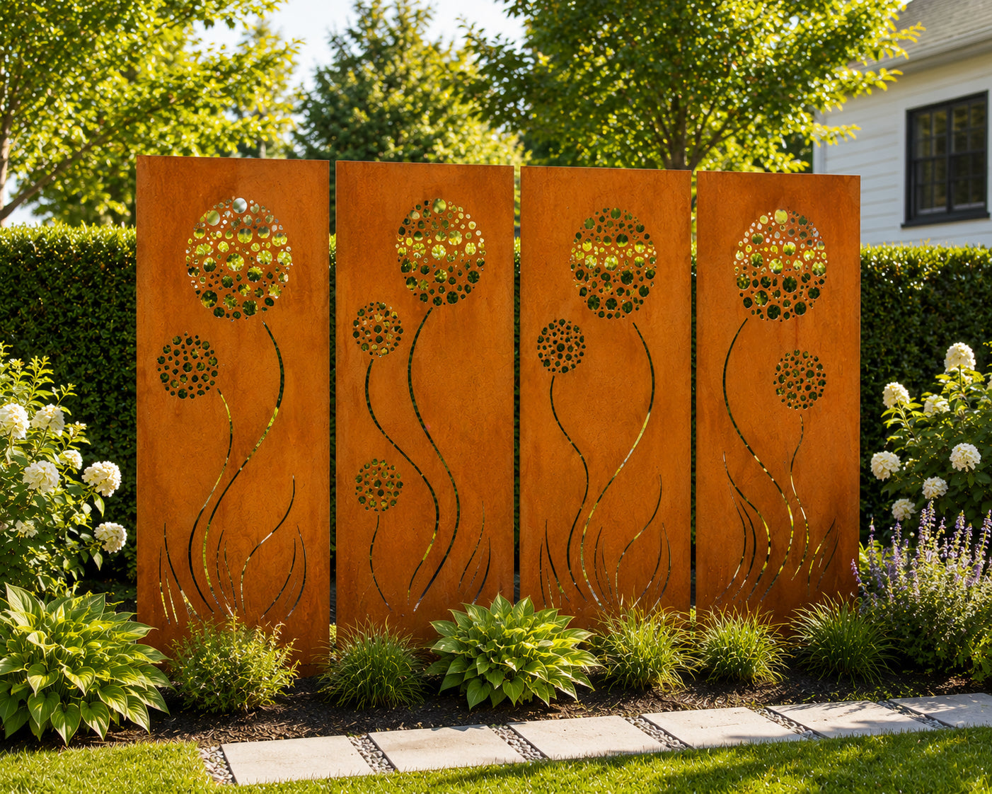 Rust-colored outdoor metal privacy panels by Rustica Ornamentals; four panels with circular floral cutouts on Tampa Home & Garden Store