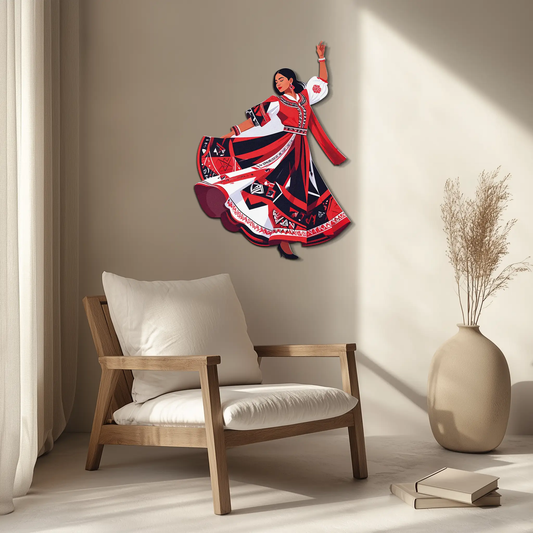 Dancing Woman Metal Wall Art UV Print by Enova Art in bold red white and black dress on Tampa Home & Garden Store