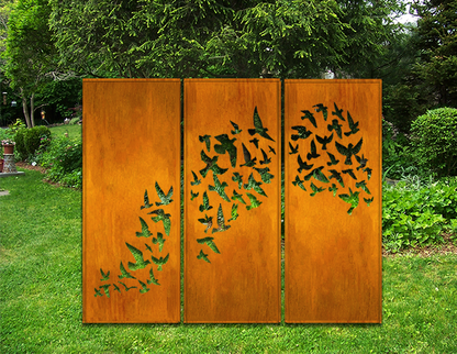 Outdoor triple-panel rust metal wall art with bird silhouettes Rustica Ornamentals on Tampa Home & Garden Store