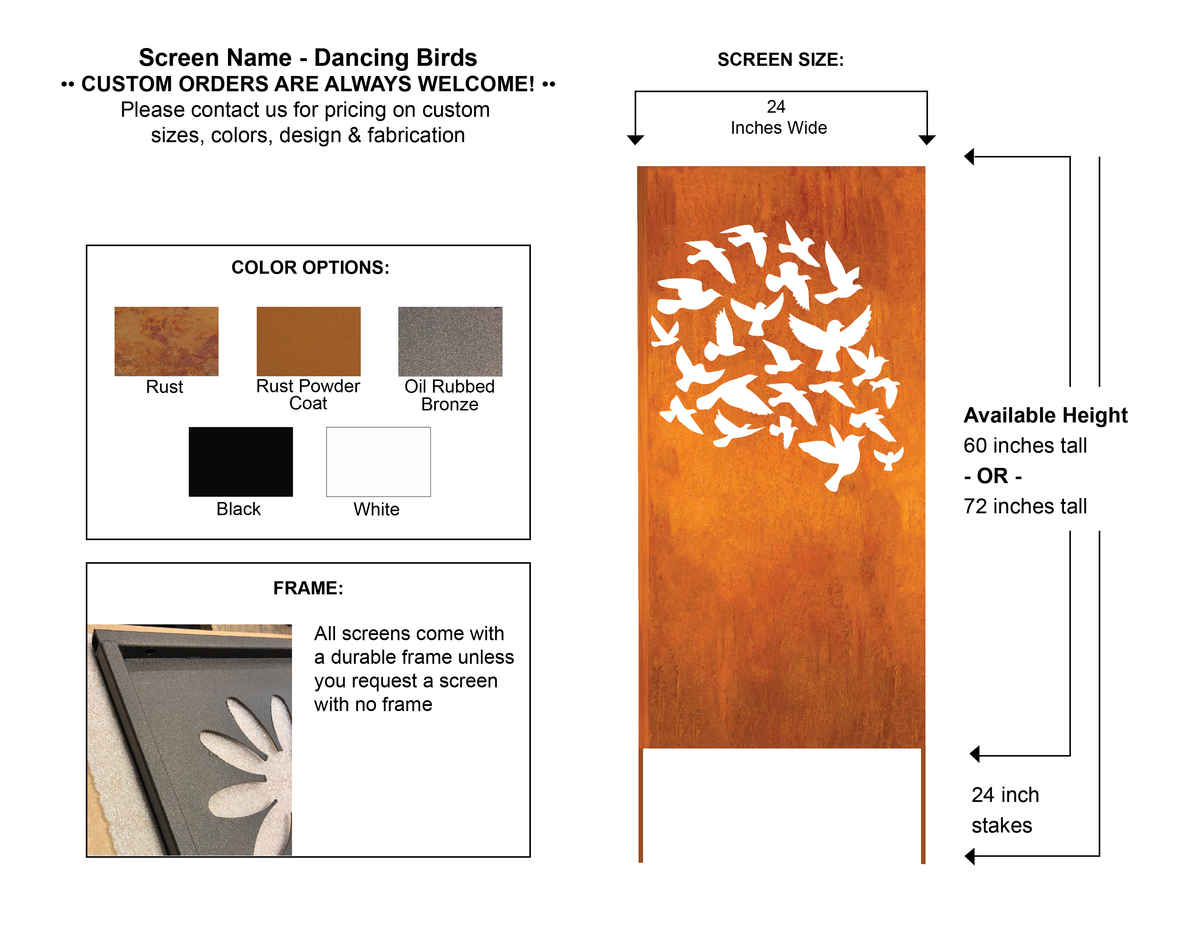 Outdoor metal privacy fence panel rust with bird silhouette by Rustica Ornamentals, 60 or 72 in tall on Tampa Home & Garden Store
