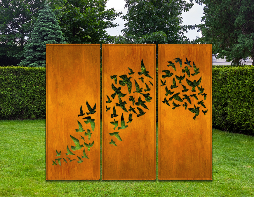 Rustica Ornamentals outdoor triptych metal wall art in rust finish with flock birds 3 panels on Tampa Home & Garden Store