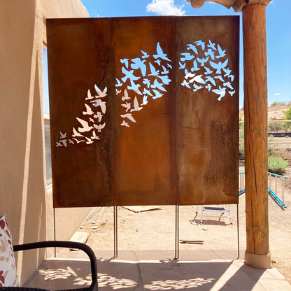 3-panel outdoor rust-finish metal wall art with bird cutouts forming a flock for garden decor on Tampa Home & Garden Store