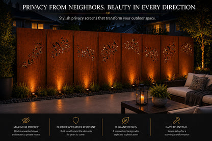 Outdoor screen panels 46-inch Rustica Ornamentals rust metal wall art with bird silhouette cutouts on Tampa Home & Garden Store