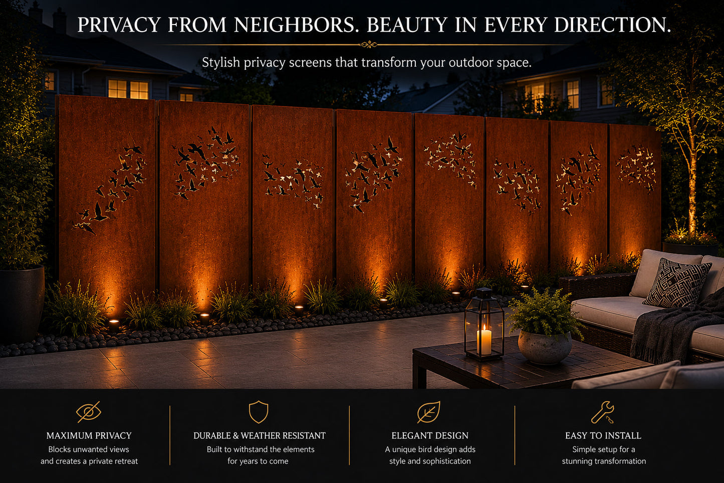 Outdoor Metal Privacy Screen Panels rusted steel with butterfly cutouts, 60–72 in, Rustica on Tampa Home & Garden Store