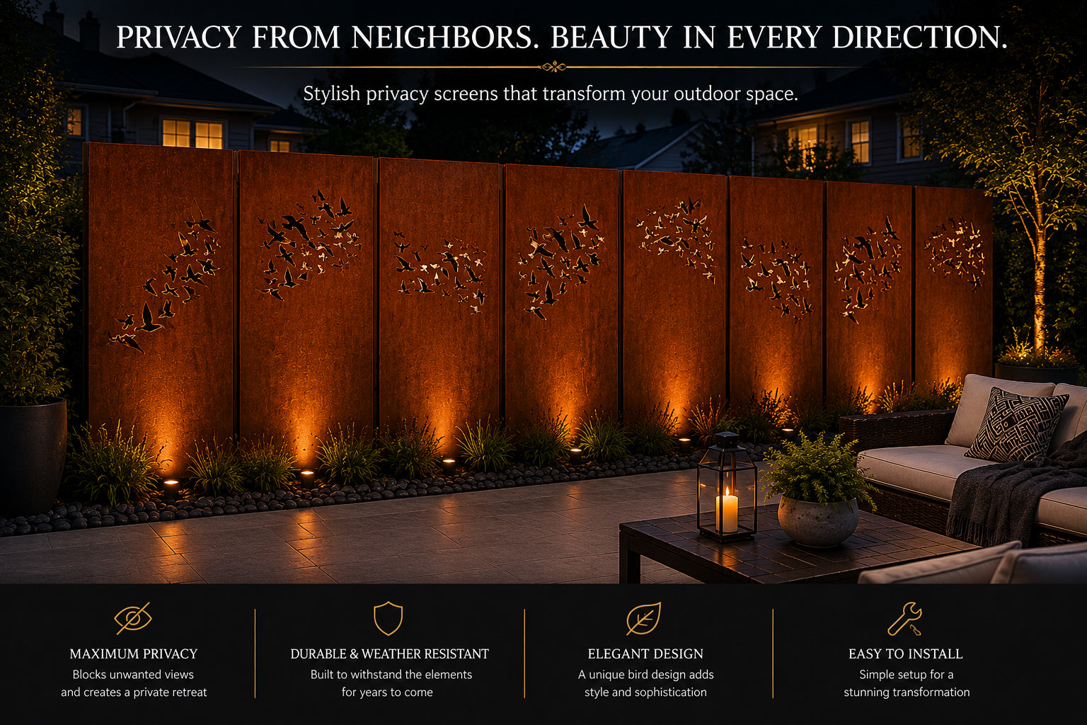 Outdoor Metal Privacy Screen Panels rusted steel with butterfly cutouts, 60–72 in, Rustica on Tampa Home & Garden Store