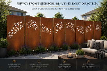 Outdoor screen panels by Rustica Ornamentals in rust finish with white bird silhouettes, 46-inch on Tampa Home & Garden Store