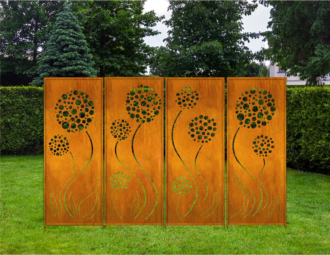 Outdoor metal privacy screen 4-panel rust finish steel with floral cutouts Rustica on Tampa Home & Garden Store