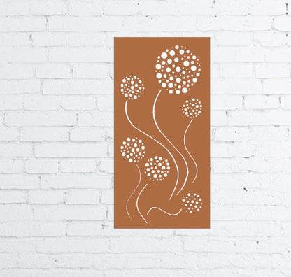 Metal privacy screen wall hanging in rust brown with white floral by Rustica Ornamentals on Tampa Home & Garden Store