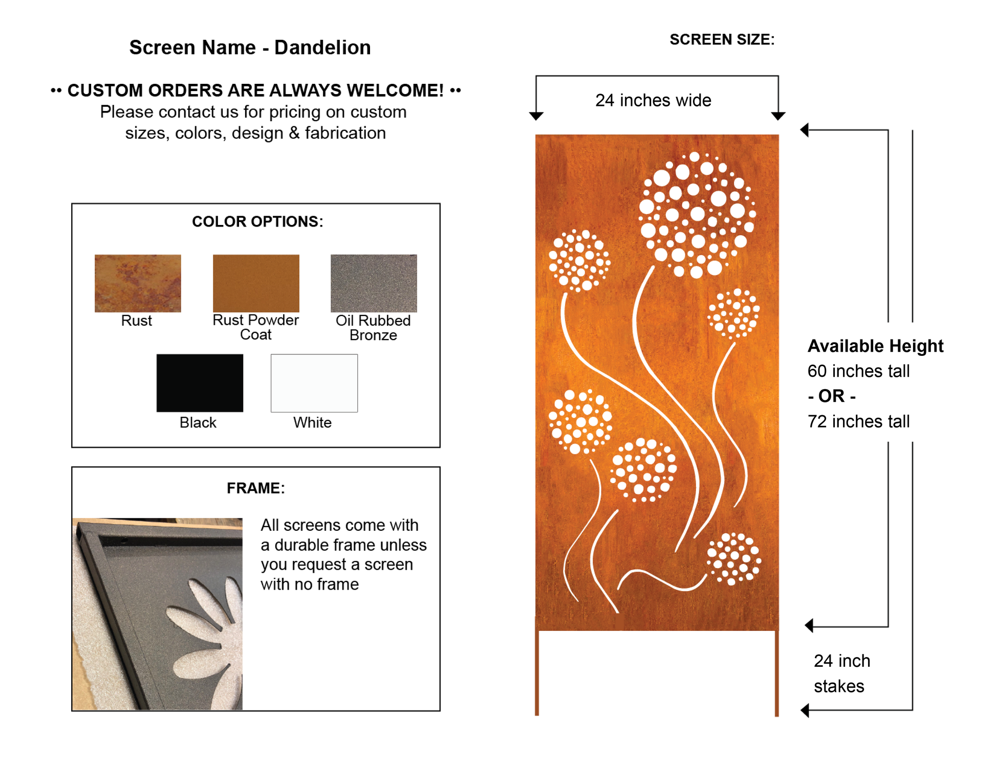 Outdoor Metal Privacy Screen Panel Rustica Ornamentals rust-colored steel with dandelion motif on Tampa Home & Garden Store