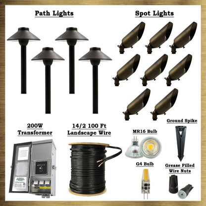 Dark Brass LED Connoisseur Kit: (8) SPB04 Spot Lights, (4) PLB02 Path Lights - Tampa soil911.com
