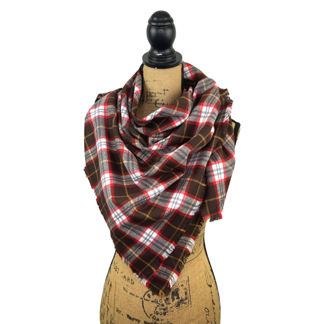 Dark Chocolate, Red and White with Butterscotch Accent Luxe Collection Plaid Infinity and Blanket Scarves - Tampa Home & Garden Store