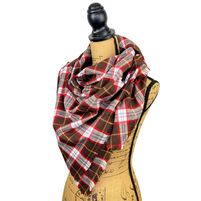 Dark Chocolate, Red and White with Butterscotch Accent Luxe Collection Plaid Infinity and Blanket Scarves - Tampa Home & Garden Store