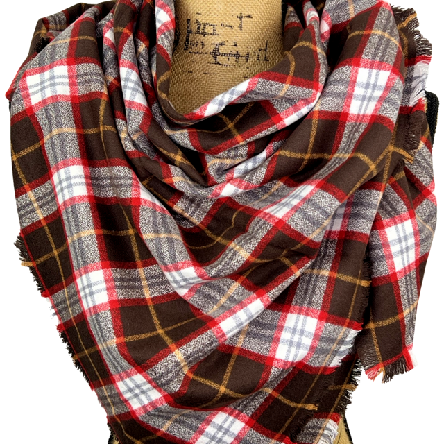 Dark Chocolate, Red and White with Butterscotch Accent Luxe Collection Plaid Infinity and Blanket Scarves - Tampa Home & Garden Store