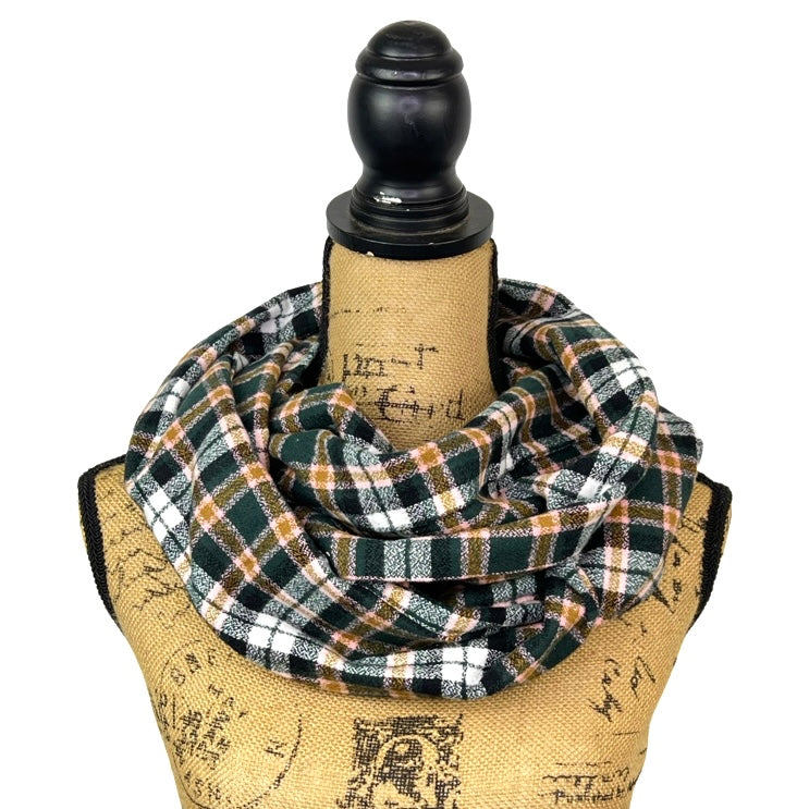 Dark Forest Green, Black, White, Caramel and Pale Pink Plaid Flannel Infinity or Blanket Scarf - Tampa Home & Garden Store
