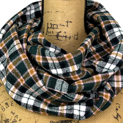 Dark Forest Green, Black, White, Caramel and Pale Pink Plaid Flannel Infinity or Blanket Scarf - Tampa Home & Garden Store