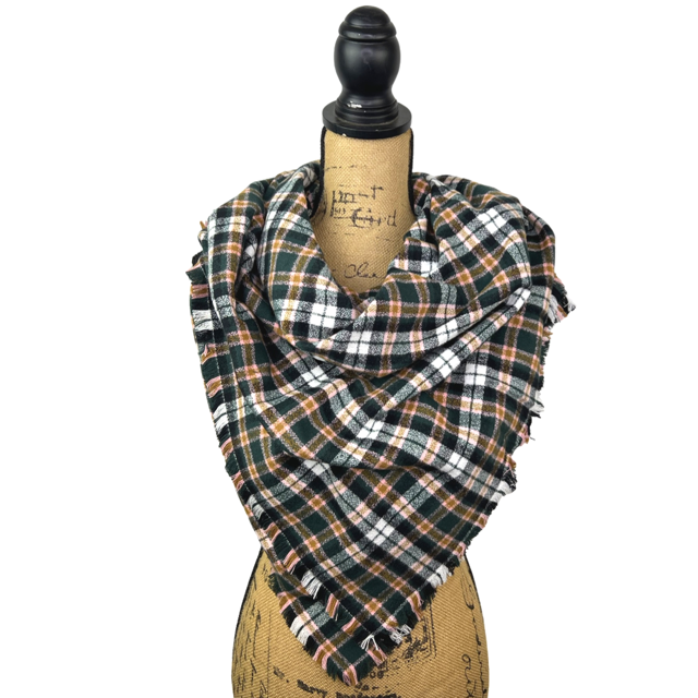 Dark Forest Green, Black, White, Caramel and Pale Pink Plaid Flannel Infinity or Blanket Scarf - Tampa Home & Garden Store