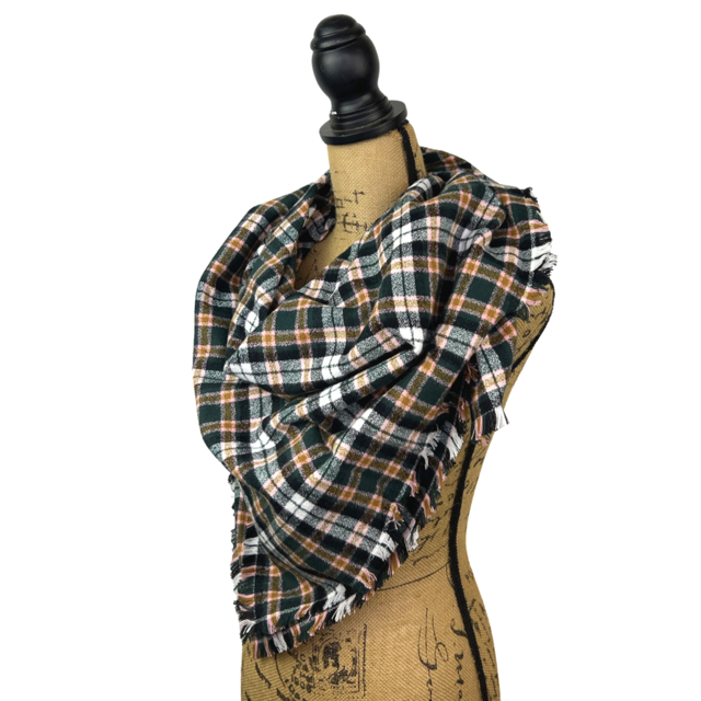 Dark Forest Green, Black, White, Caramel and Pale Pink Plaid Flannel Infinity or Blanket Scarf - Tampa Home & Garden Store