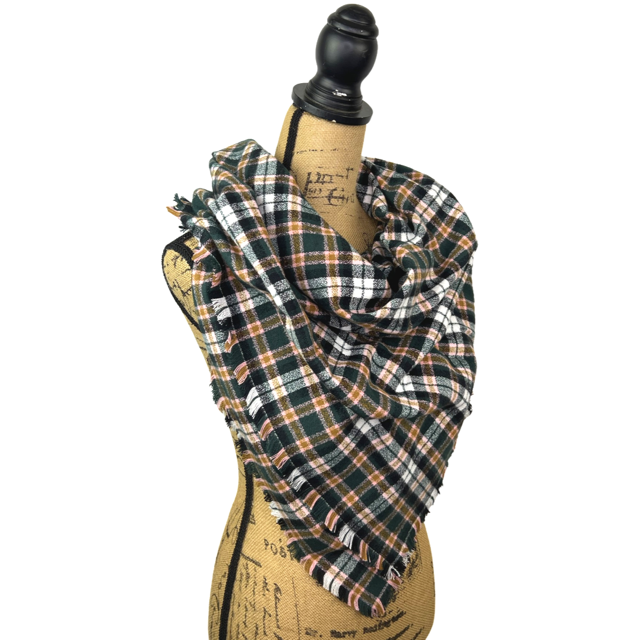 Dark Forest Green, Black, White, Caramel and Pale Pink Plaid Flannel Infinity or Blanket Scarf - Tampa Home & Garden Store