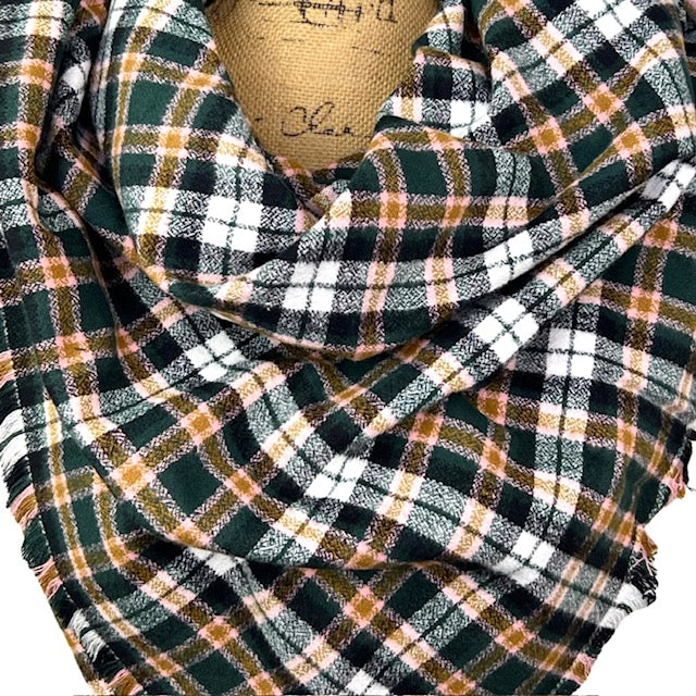 Dark Forest Green, Black, White, Caramel and Pale Pink Plaid Flannel Infinity or Blanket Scarf - Tampa Home & Garden Store