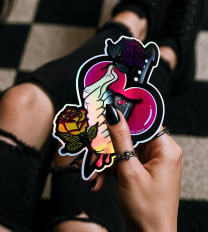 Dark Oddity Romance Waterproof Sticker - Skeleton Bone & Roses, Glossy or Holographic Options - Perfect for Laptops, Journals and Much More - Tampa Home & Garden Store
