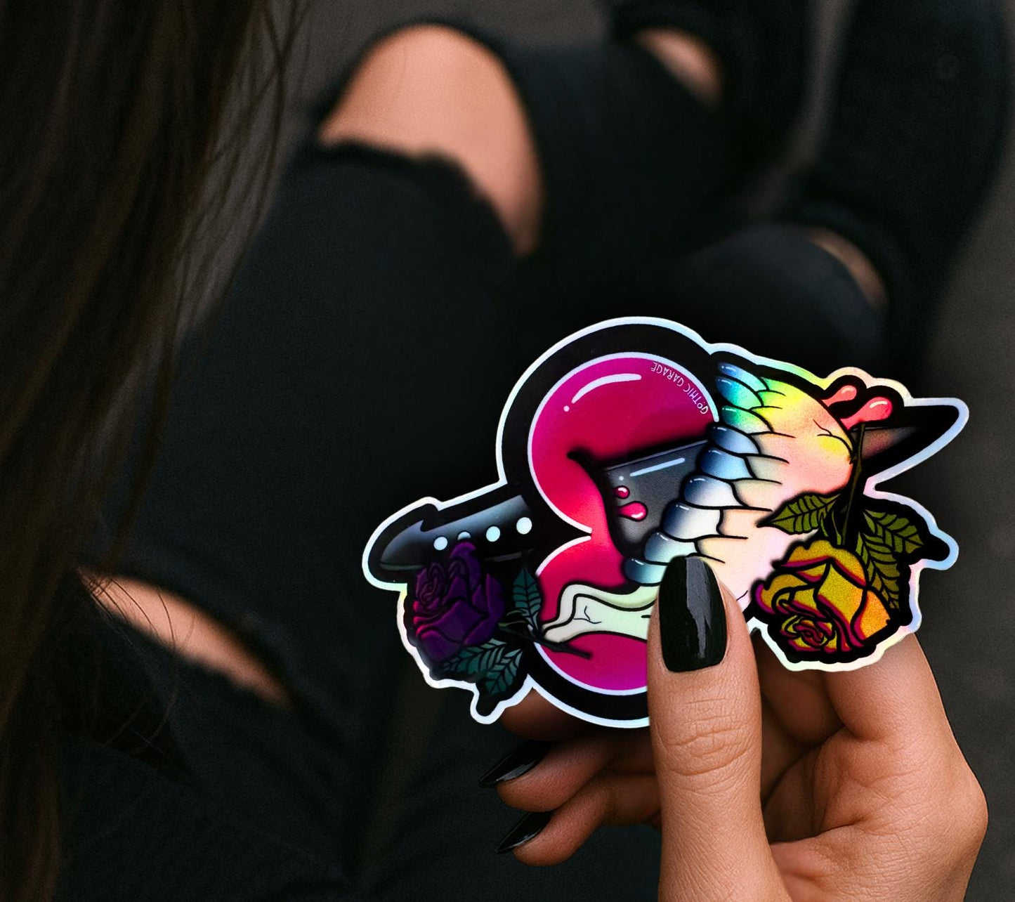Dark Oddity Romance Waterproof Sticker - Skeleton Bone & Roses, Glossy or Holographic Options - Perfect for Laptops, Journals and Much More - Tampa Home & Garden Store