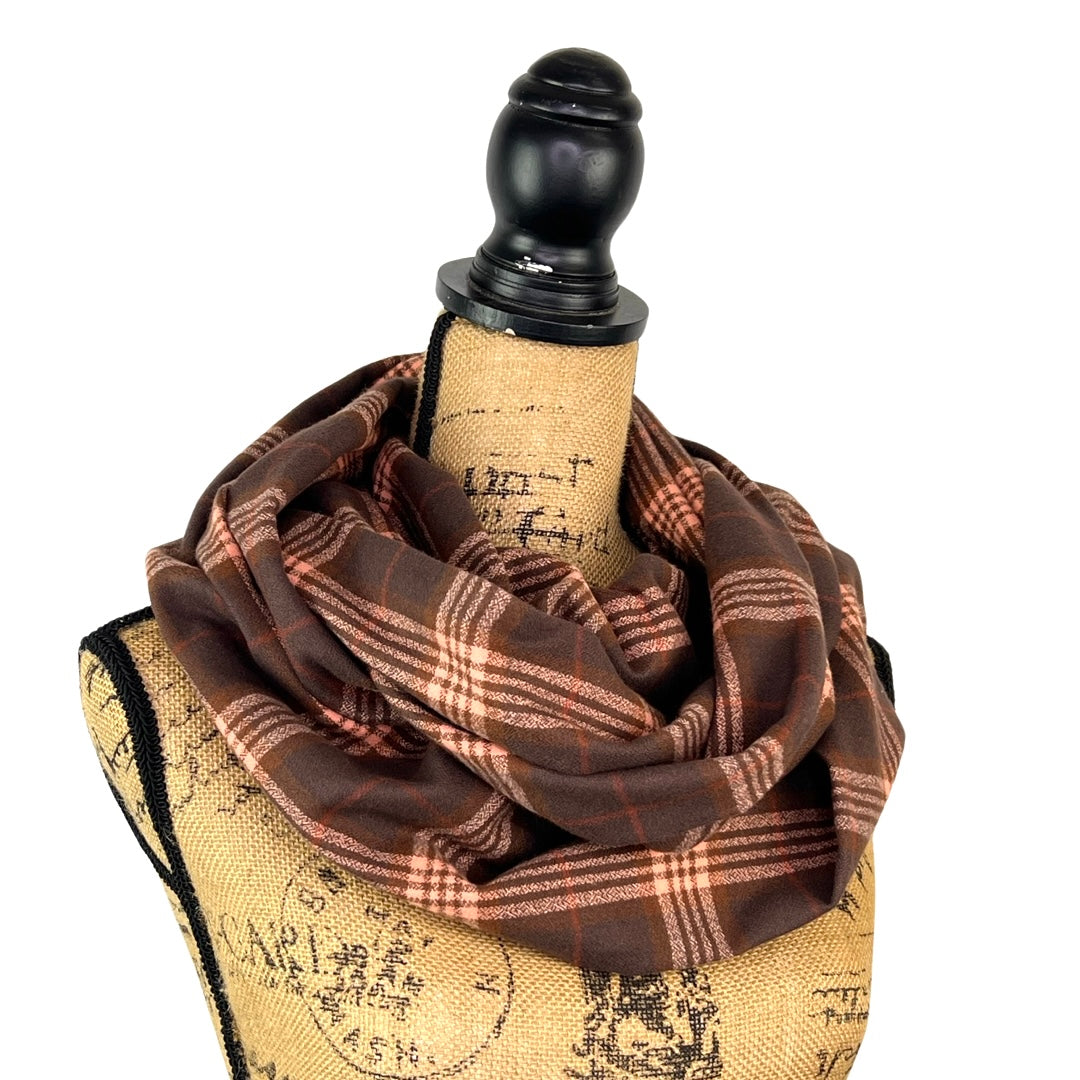 Dark and Milk Chocolate Browns with Muted Pink and Rust Accent 100% Organic Cotton Plaid Infinity and Blanket Scarves - Tampa Home & Garden Store