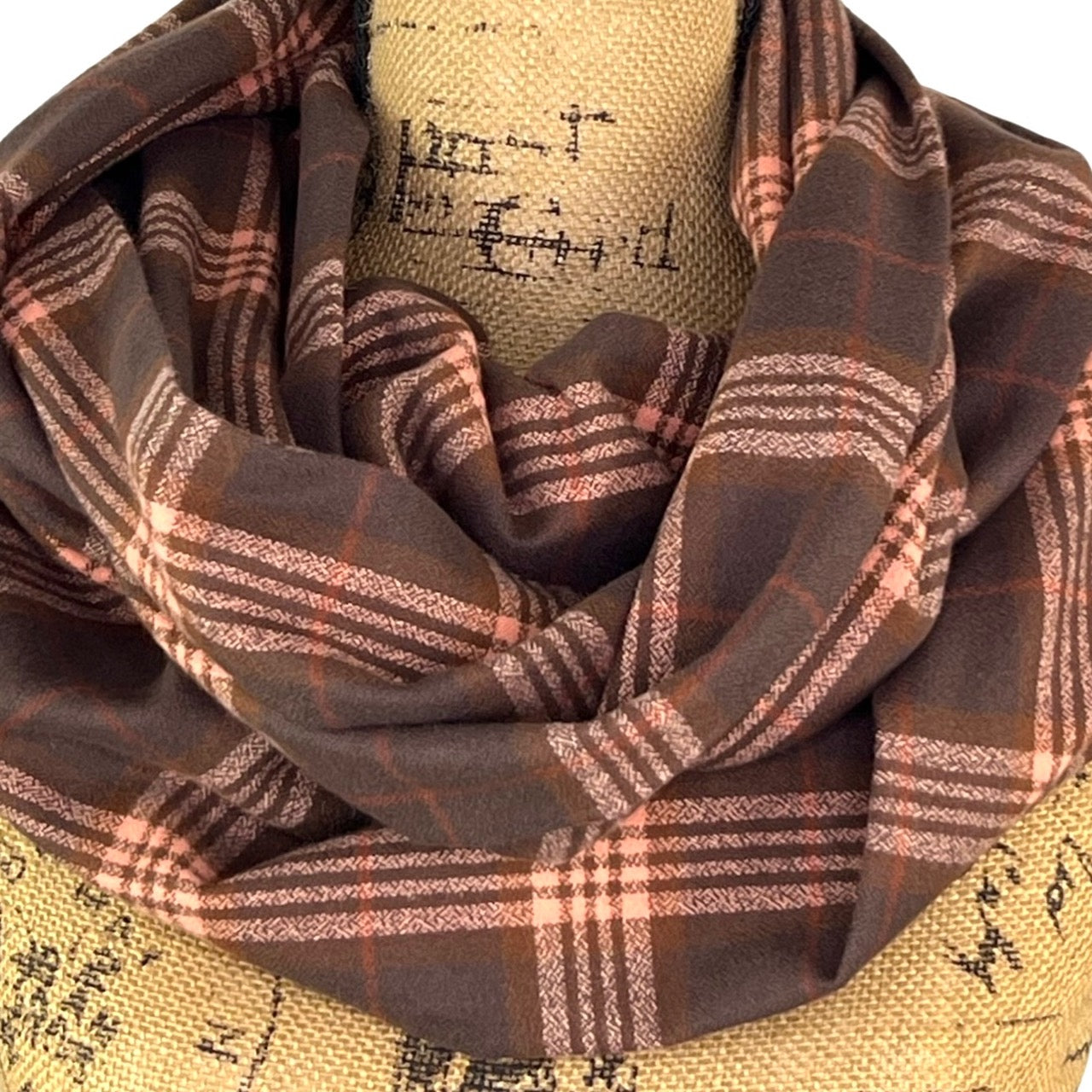Dark and Milk Chocolate Browns with Muted Pink and Rust Accent 100% Organic Cotton Plaid Infinity and Blanket Scarves - Tampa Home & Garden Store