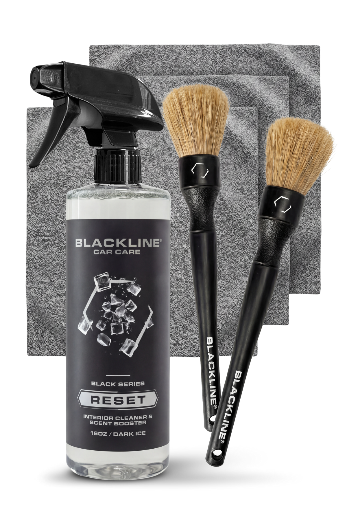 Blackline Car Care boar's hair detailing brush set with spray bottle and 2 brushes and gray towels on Tampa Home & Garden Store