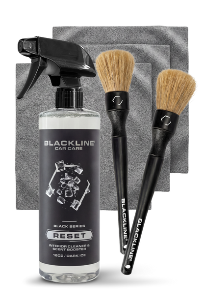 Blackline Car Care boar's hair detailing brush set with spray bottle and 2 brushes and gray towels on Tampa Home & Garden Store