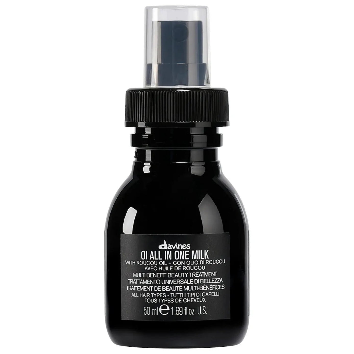 Davines OI All In One Milk hair styling spray bottle, black container with clear cap on Tampa Home & Garden Store