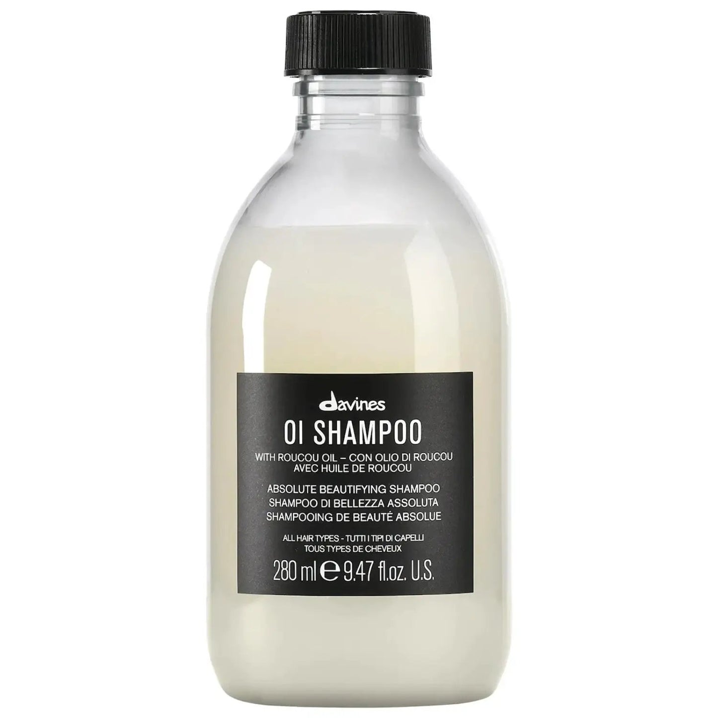 Davines OI Shampoo bottle, clear plastic with black label, 280 ml, Nava Beauty on Tampa Home & Garden Store
