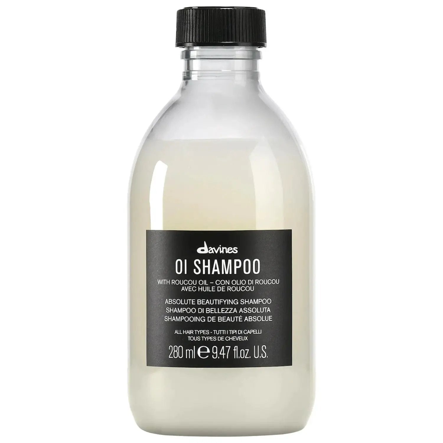 Davines OI Shampoo bottle, clear plastic with black label, 280 ml, Nava Beauty on Tampa Home & Garden Store