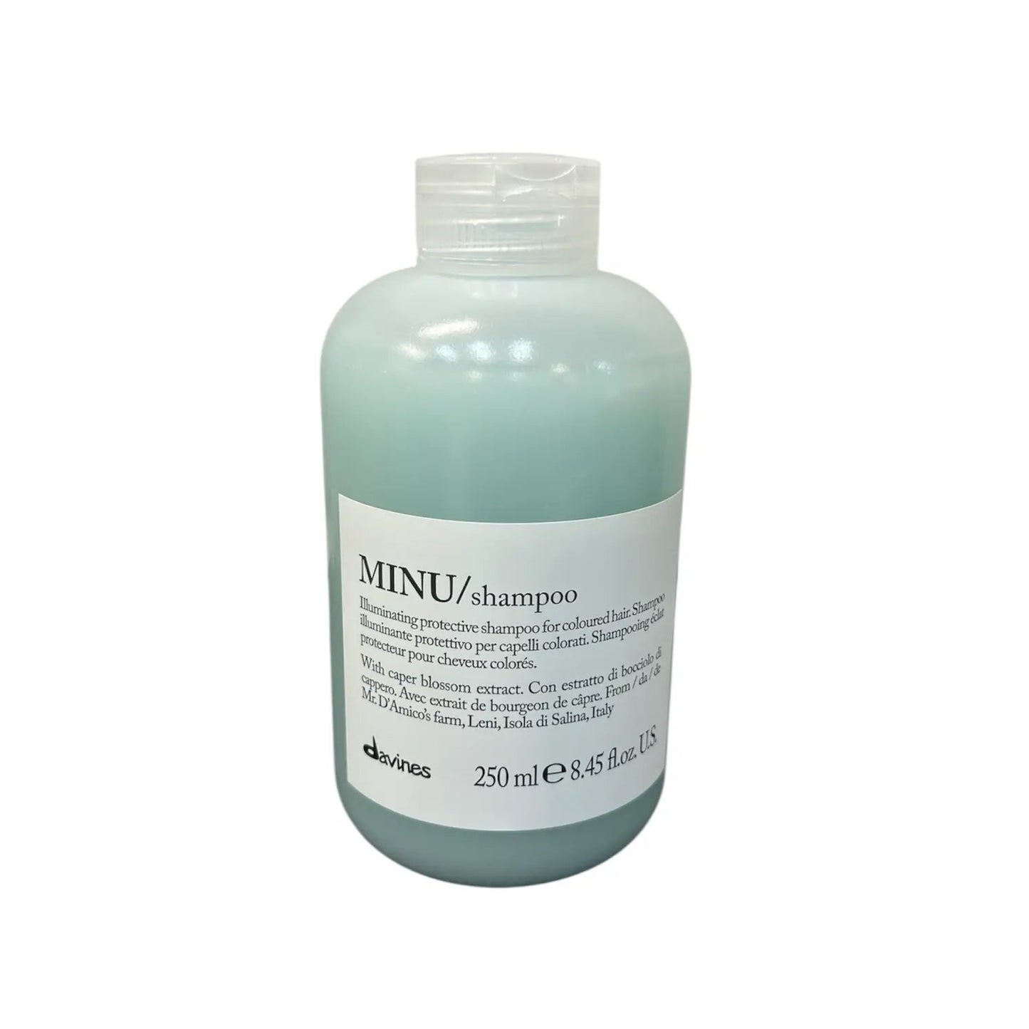 Davines MINU Shampoo bottle, 250 mL, light teal liquid, white label with logo on Tampa Home & Garden Store