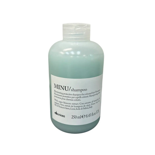 Davines MINU Shampoo bottle, 250 mL, light teal liquid, white label with logo on Tampa Home & Garden Store