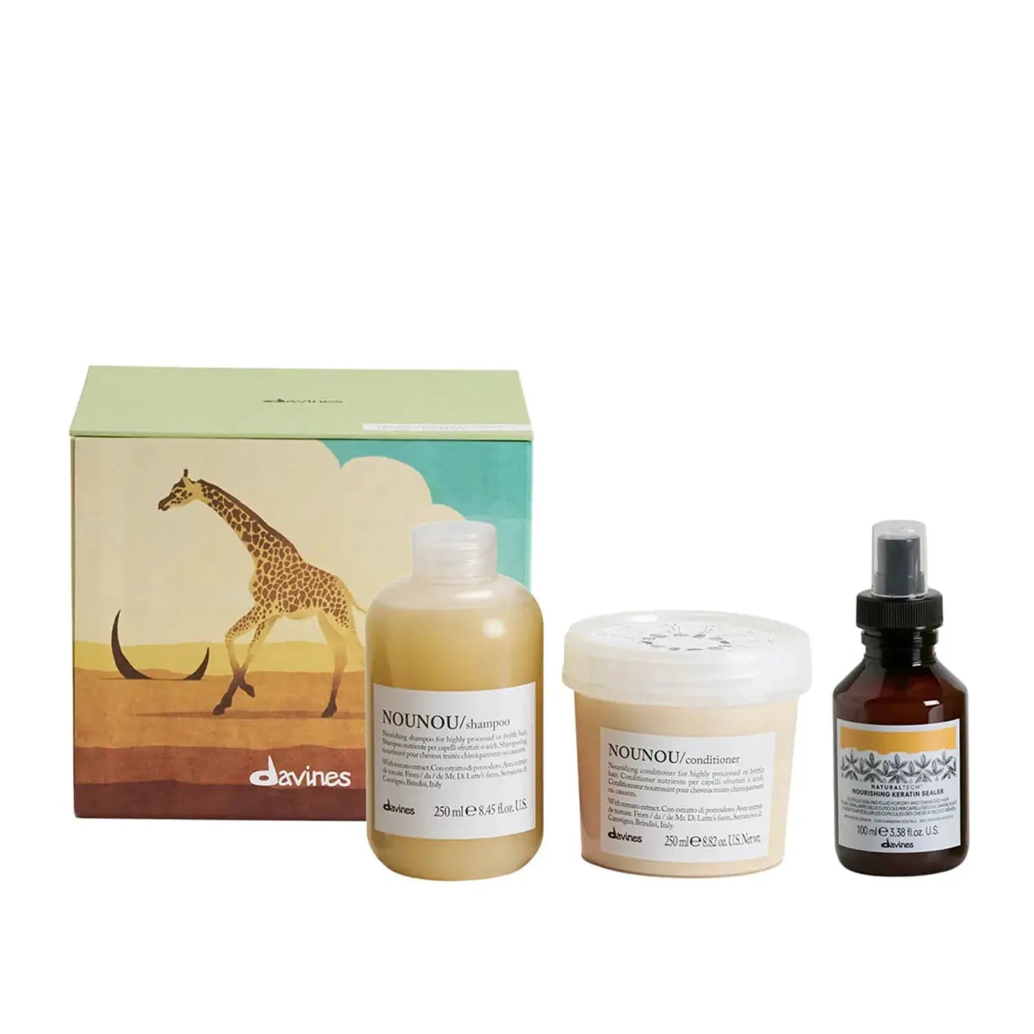 Davines NOUNOU NaturalTech set for brittle hair: shampoo, conditioner, keratin sealer in box on Tampa Home & Garden Store